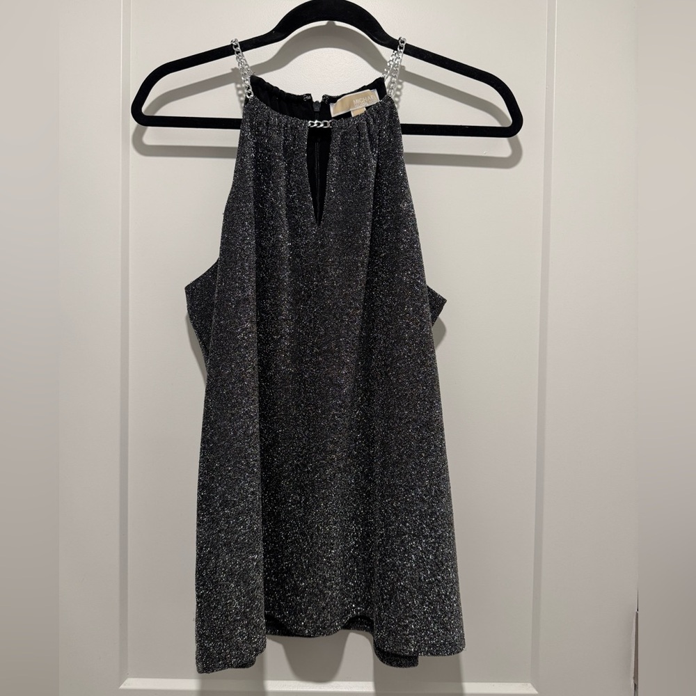 Michael Kors Black Silver Sparkle Halter Camisole with Chain Straps